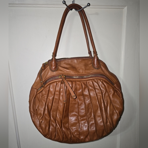 Sabina New York Brown Leather Hobo Handbag Pleated Rounded Zippers 18x13" - Picture 4 of 13